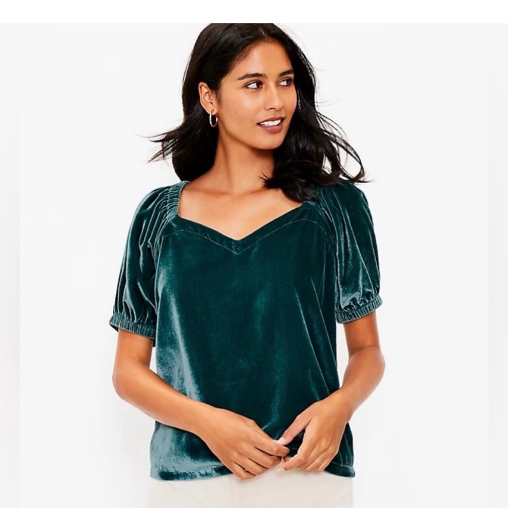 LOFT Emerald Velvet Puff Sleeve Blouse